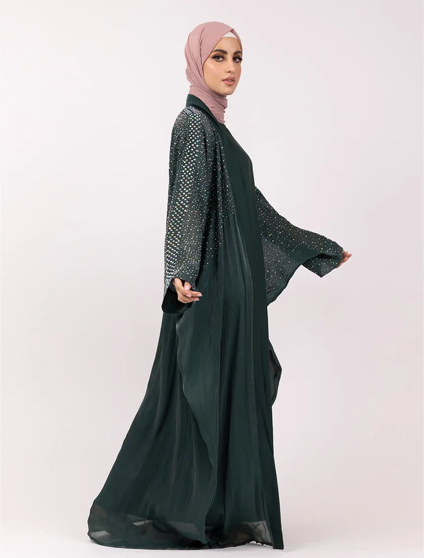 Green Sparkle Crystal Embellished Sheer Overlay Abaya
